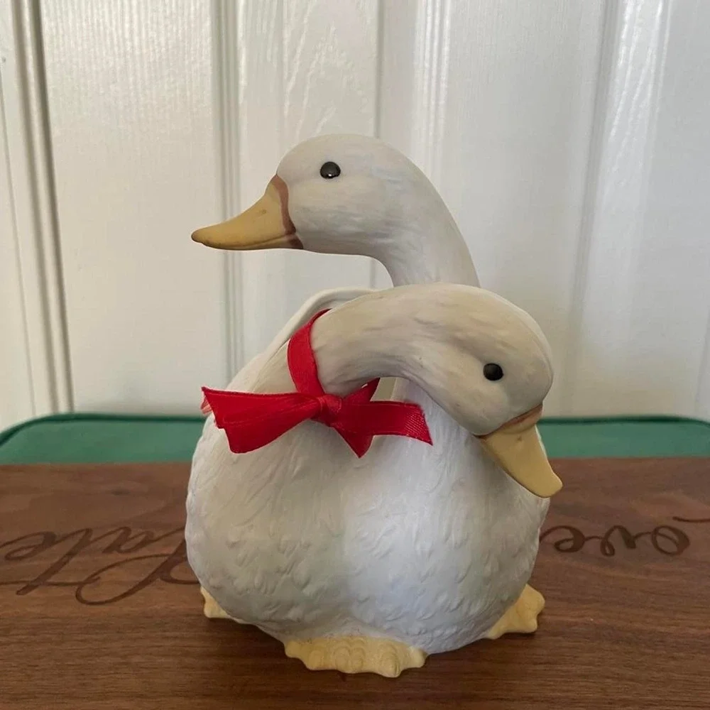 Vintage ceramic planter two white geese with intertwined red ribbon 64030